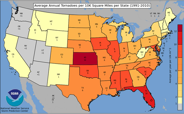 Average Annual Tornadoes per 10,000 Square Miles per State (1991-2010)