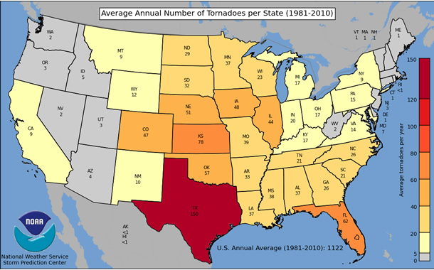 Annual Average Number of Tornadoes by State - 30 year average